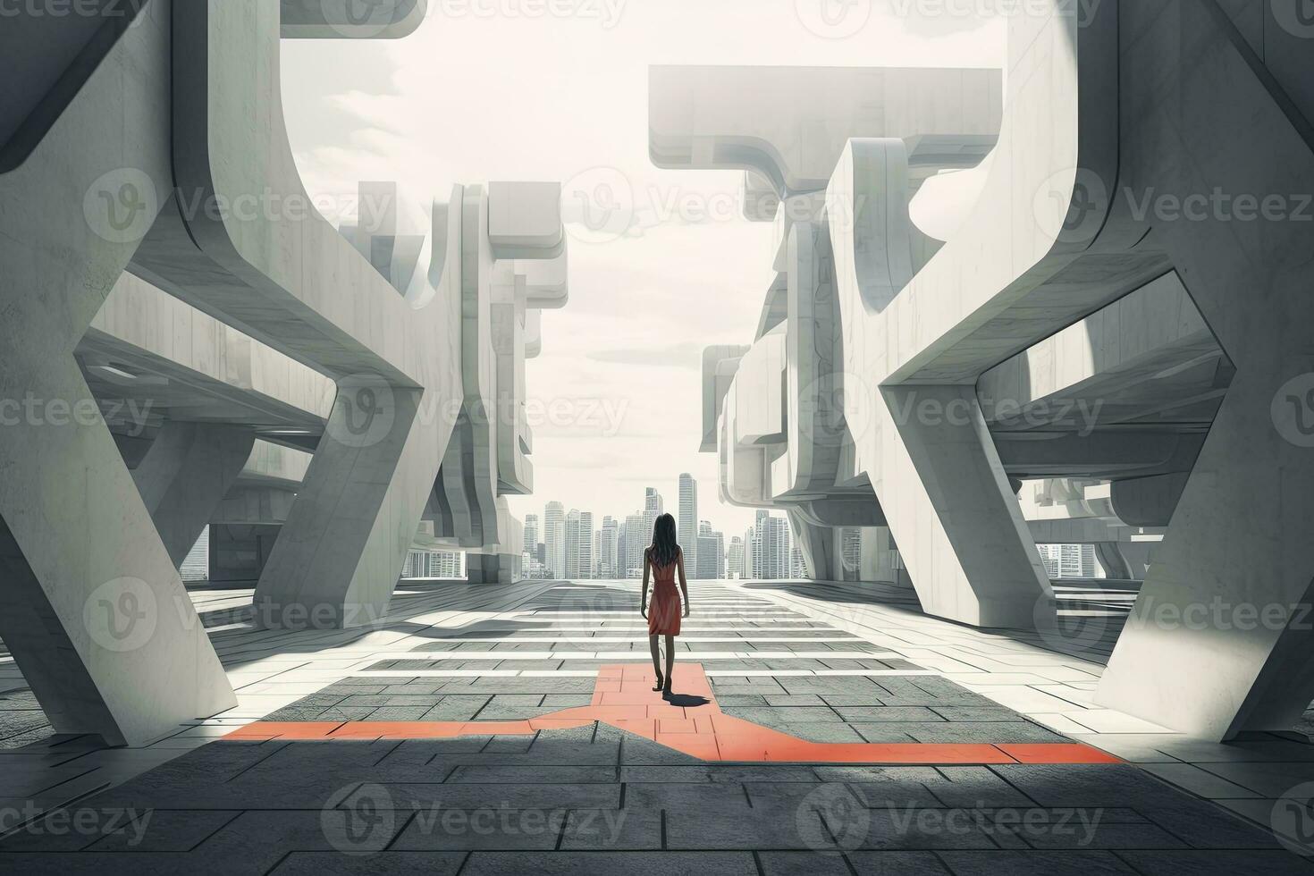 AI generated Woman walking in futuristic brutalist city street.  AI Generated. photo