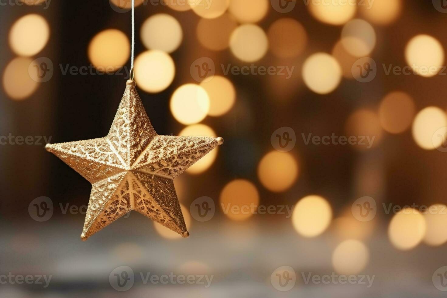 AI generated Selective focus shot of star ornament hanging on christmas tree photo