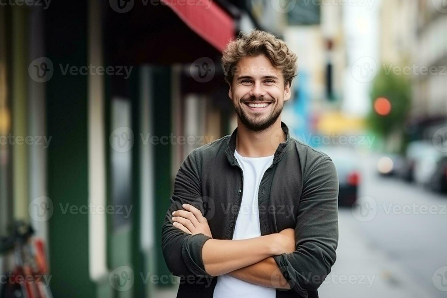 AI generated Portrait of handsome fashion man model in suit posing on street photo