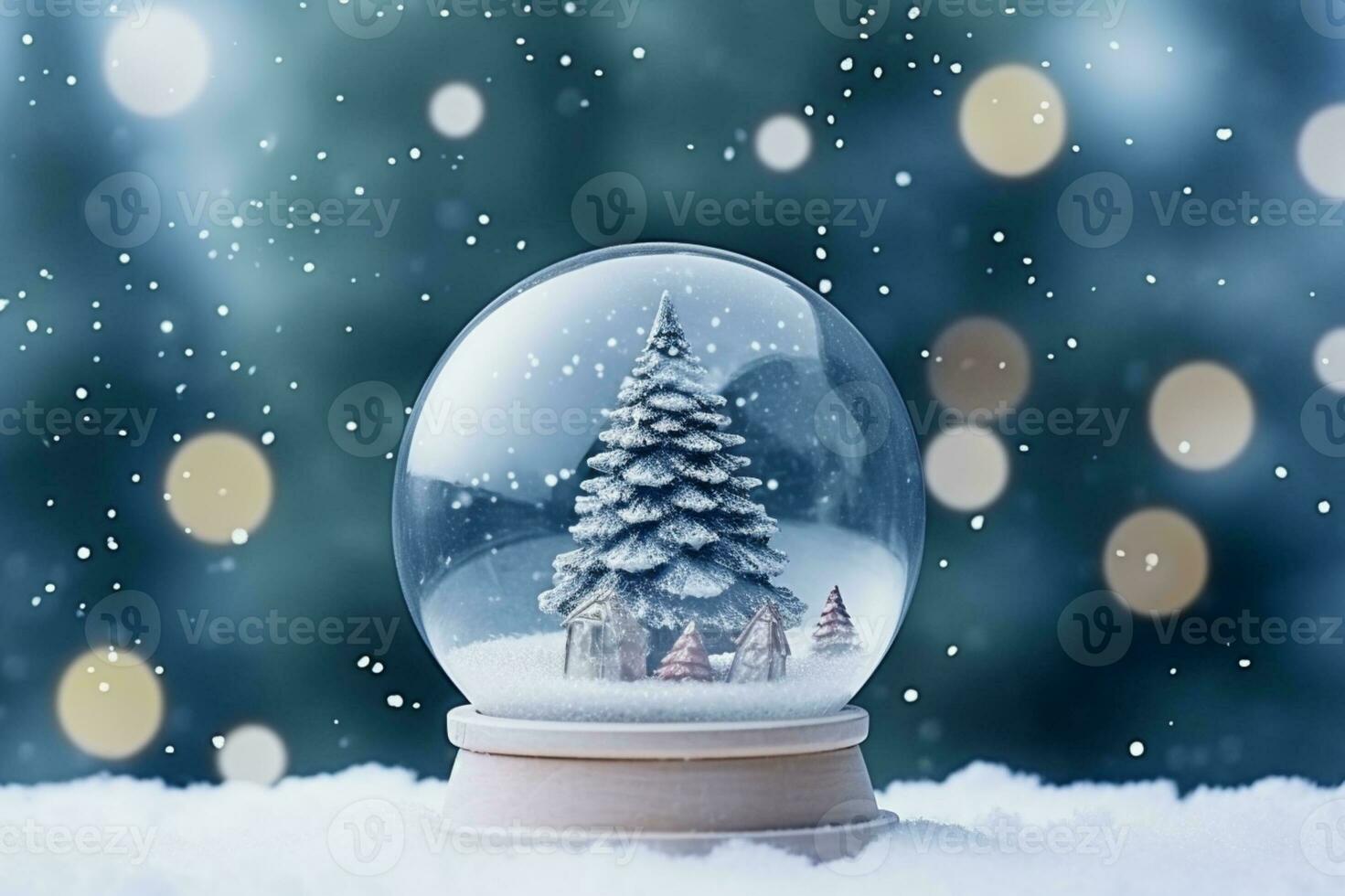 AI generated Crystal ball with a snowy christmas tree fir tree inside falling snow realistic holiday decoration photo