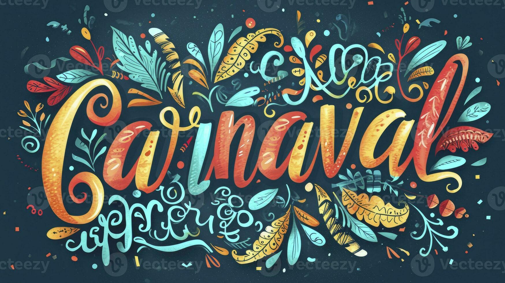 AI generated Hand drawn Carnaval Lettering. Carnival Title With Colorful Party Elements, confetti and brasil samba dansing photo