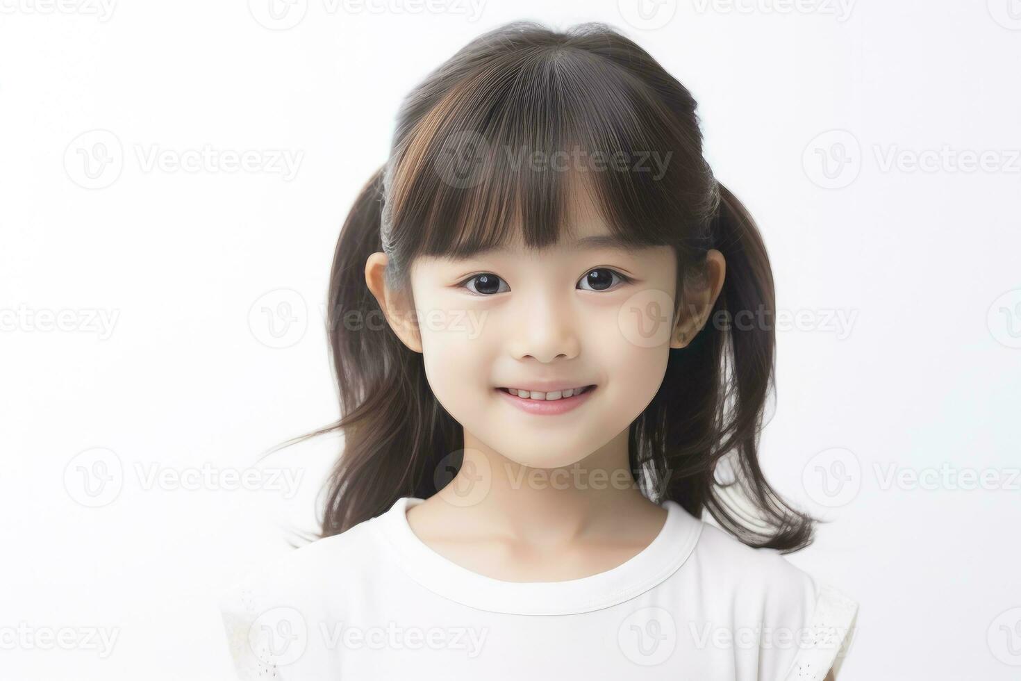 ai generado asiático sonriente pequeño niña retrato aislado en blanco antecedentes foto