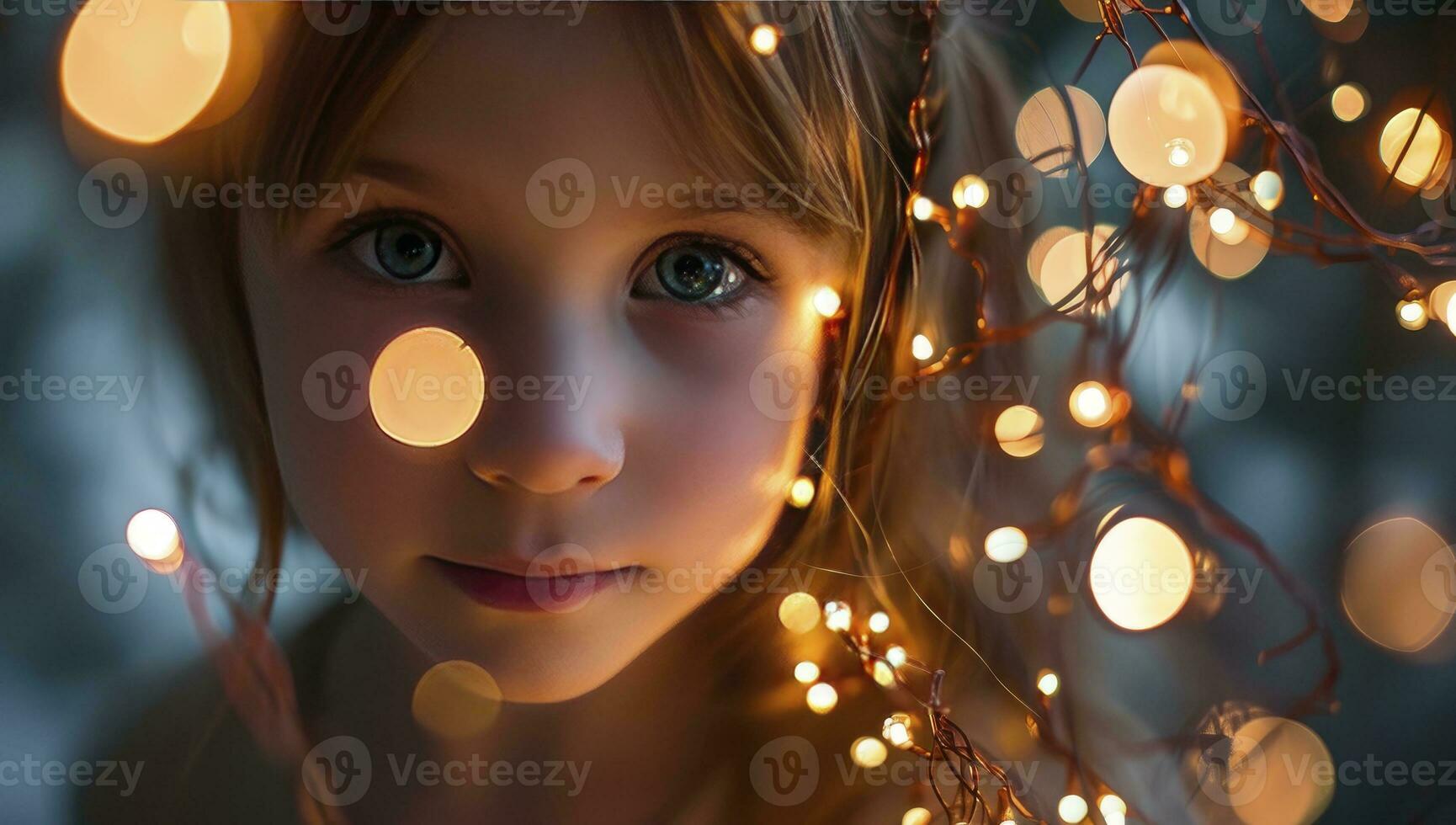 AI generated A beautiful girl poses for a photo with lights in her eyes.
