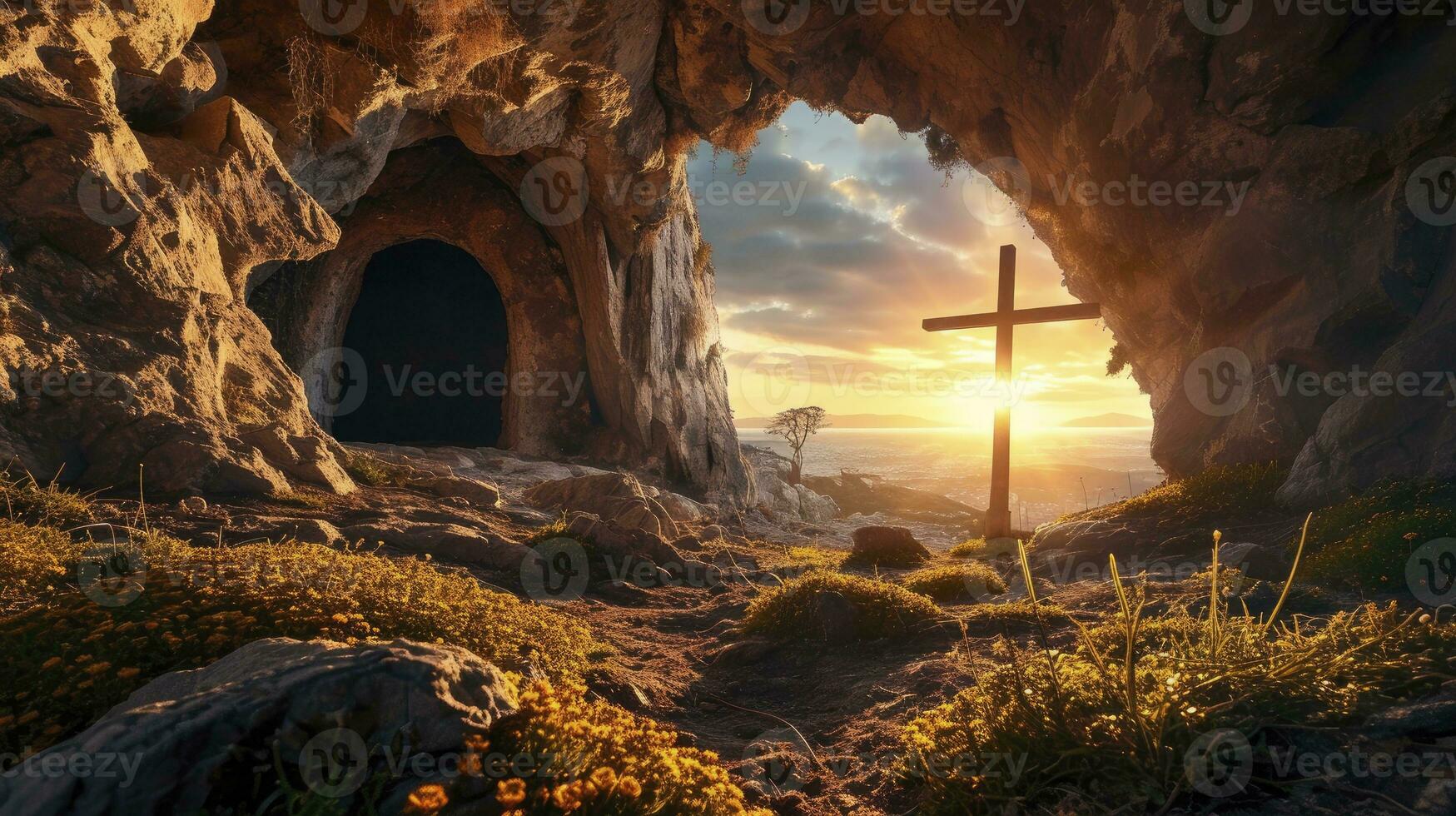 ai generado tumba vacío con sudario y crucifixión a amanecer - Resurrección de Jesús Cristo foto