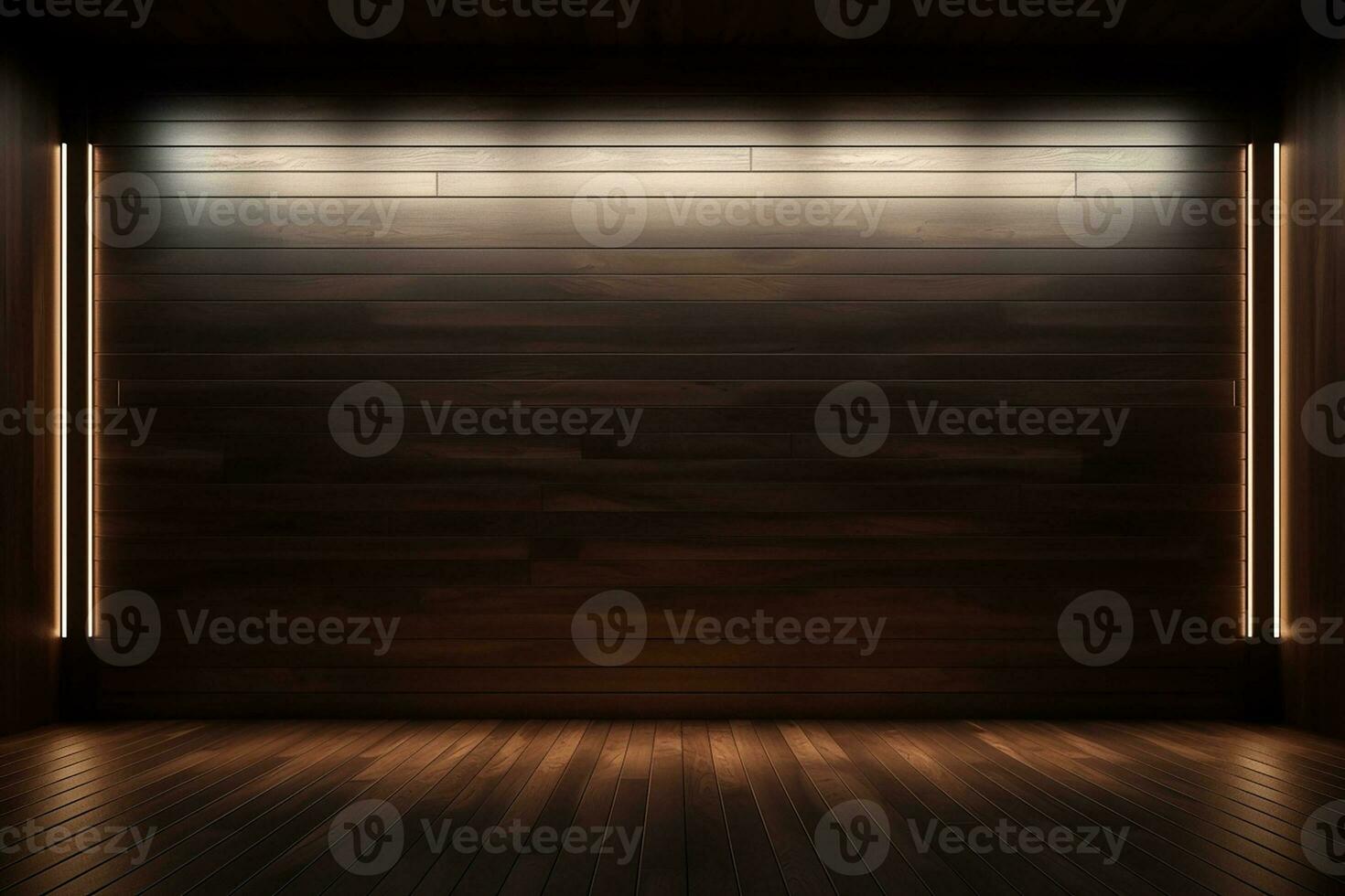AI generated 3d rendered empty wooden room with lights and copy space photo