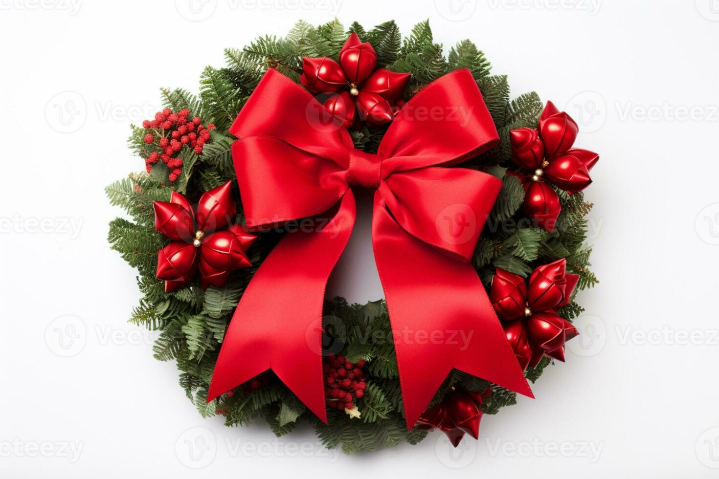 AI generated top view of decorative festive wreath with red and golden christmas toys isolated on white photo