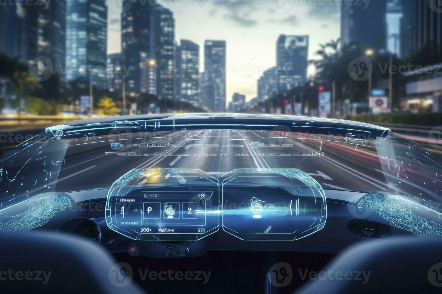 AI generated Modern smart car technology intelligent system using Heads up  display HUD Autonomous self driving mode vehicle on city road with graphic  sensor radar signal system intelligent car. 36074678 Stock Photo