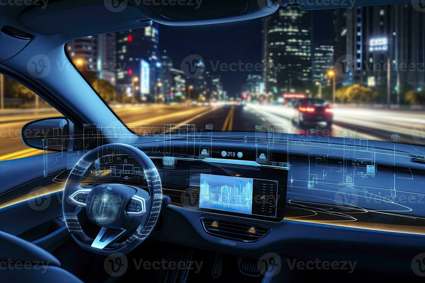 AI generated Modern smart car technology intelligent system using Heads up display HUD Autonomous self driving mode vehicle on city road with graphic sensor radar signal system intelligent car. photo