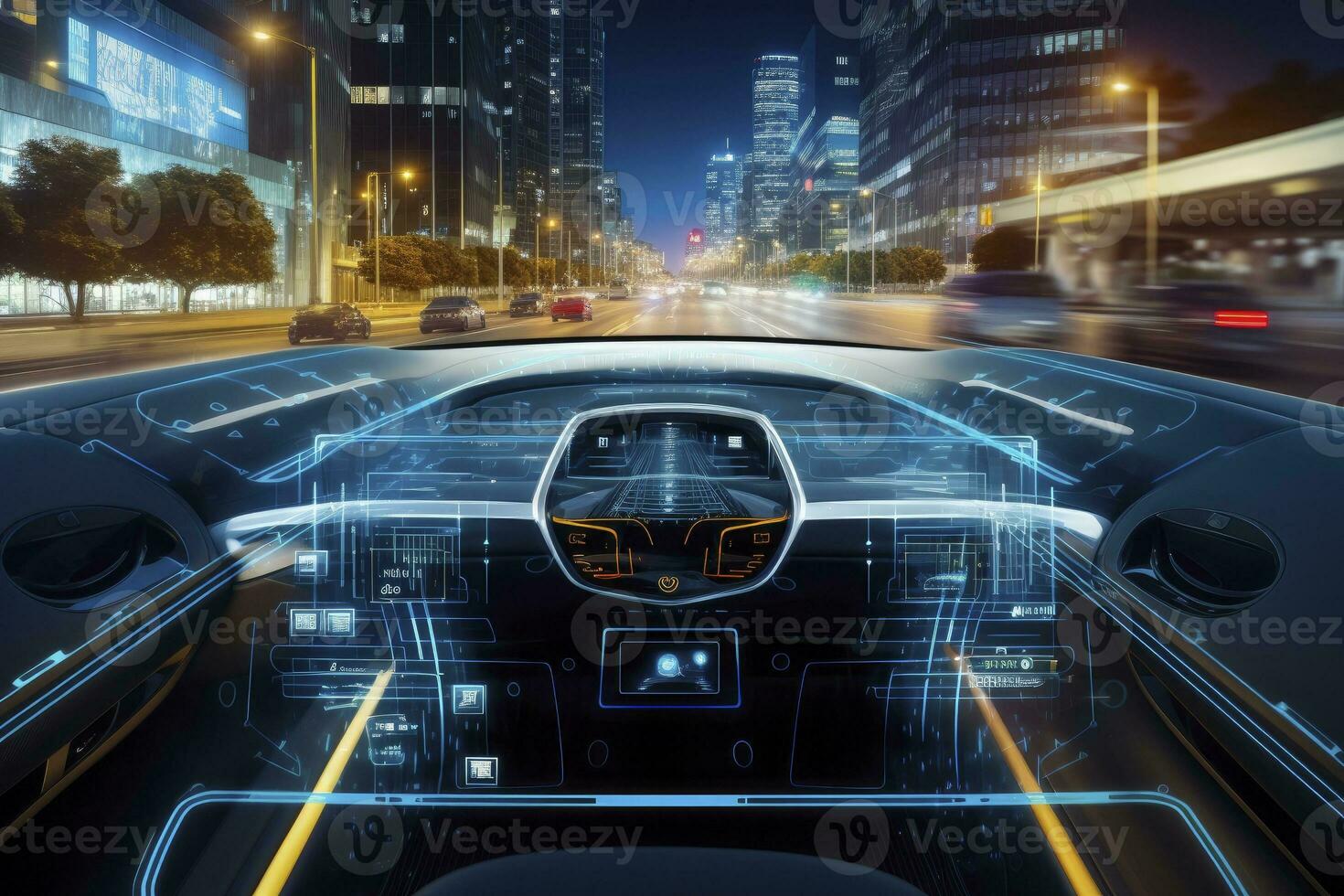 AI generated Modern smart car technology intelligent system using Heads up display HUD Autonomous self driving mode vehicle on city road with graphic sensor radar signal system intelligent car. photo