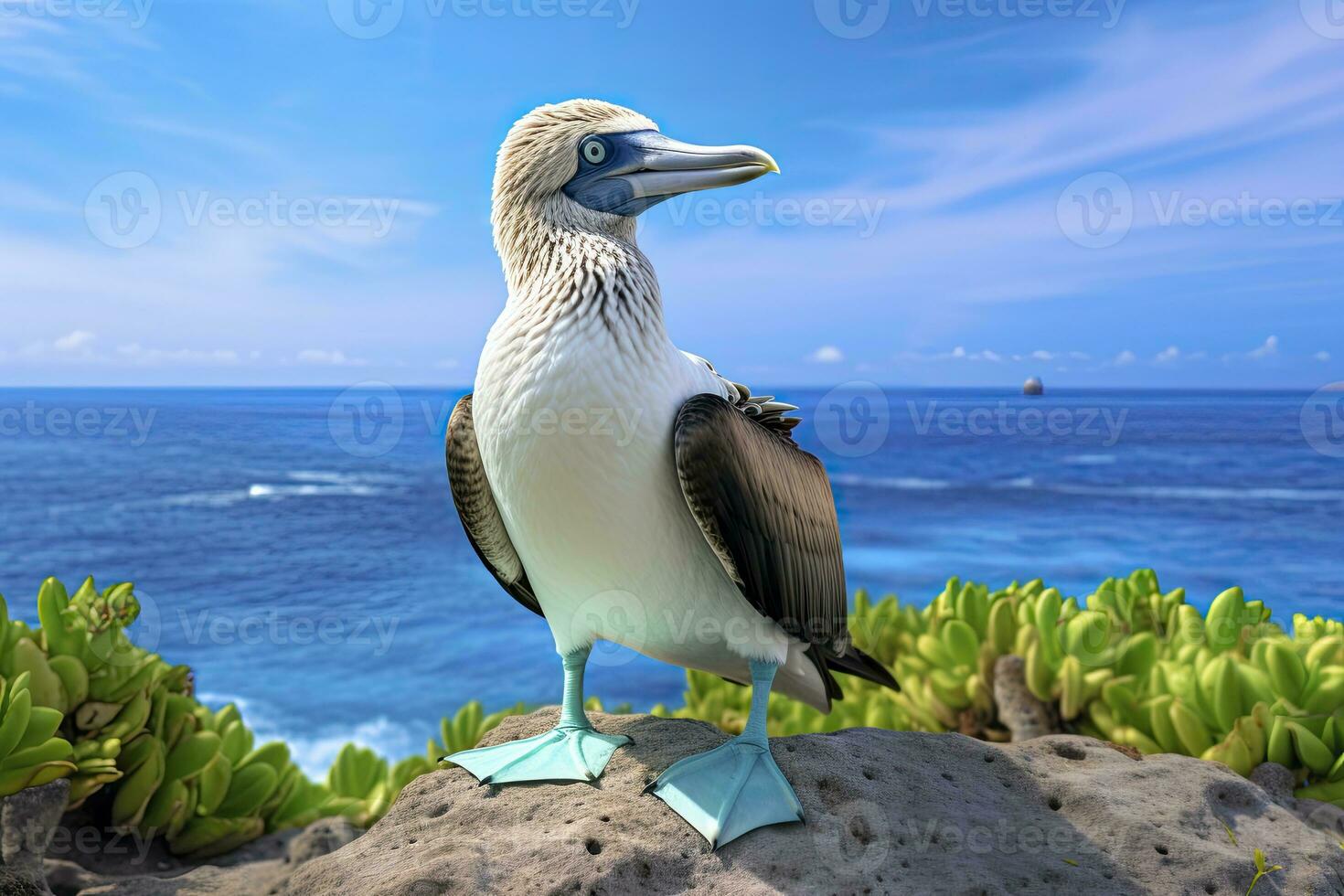 AI generated The rare blue-footed booby rests on the beach. AI Generated photo