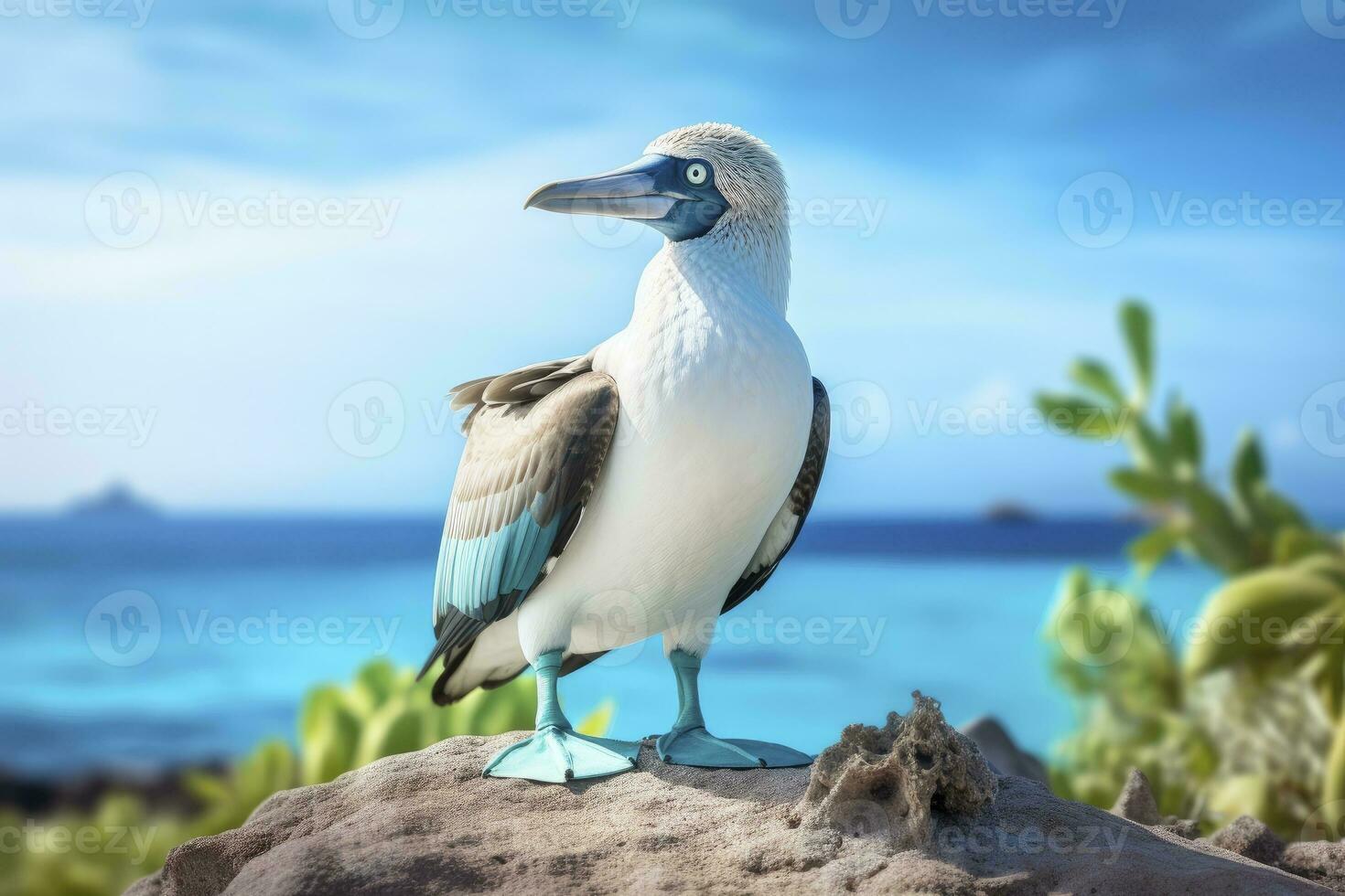 AI generated The rare blue-footed booby rests on the beach. AI Generated photo