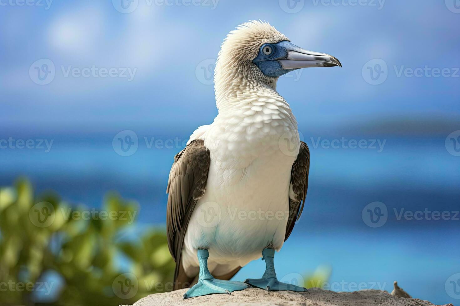 AI generated The rare blue-footed booby rests on the beach. AI Generated photo