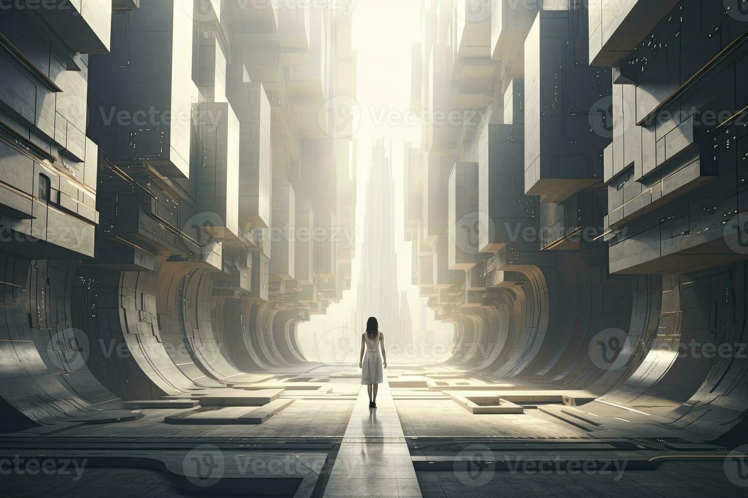 AI generated Woman walking in futuristic brutalist city street.  AI Generated. photo