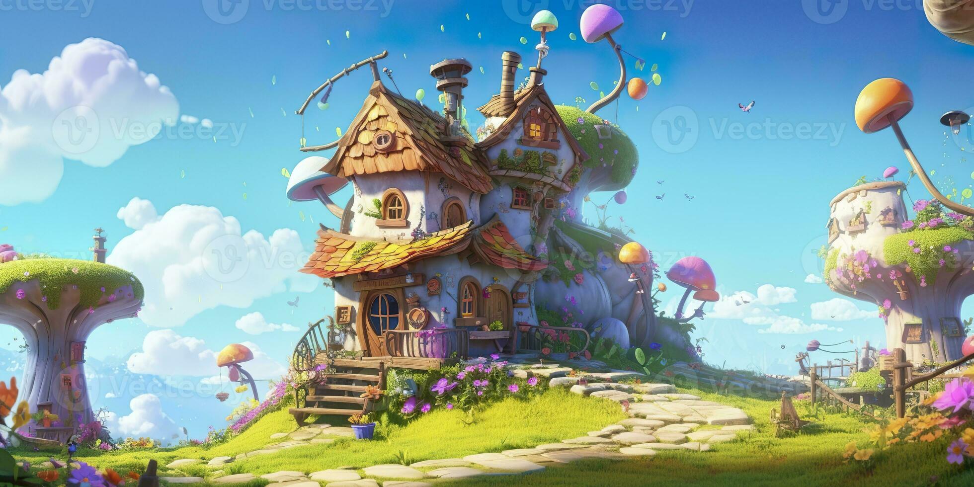 AI generated Cute Cartoon Fantasy Home on a Sunny Day. AI Generative photo