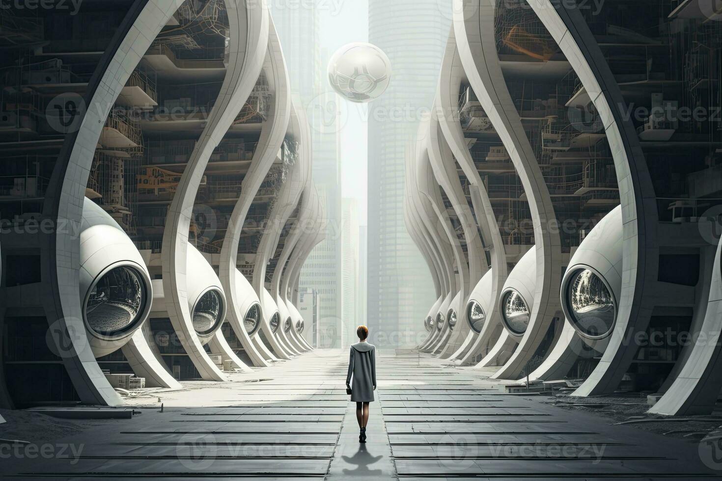 AI generated Woman walking in futuristic brutalist city street.  AI Generated. photo