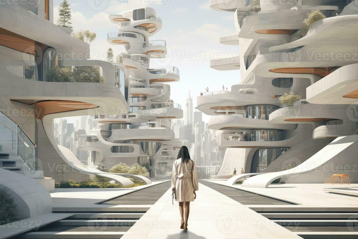 AI generated Woman walking in futuristic brutalist city street.  AI Generated. photo