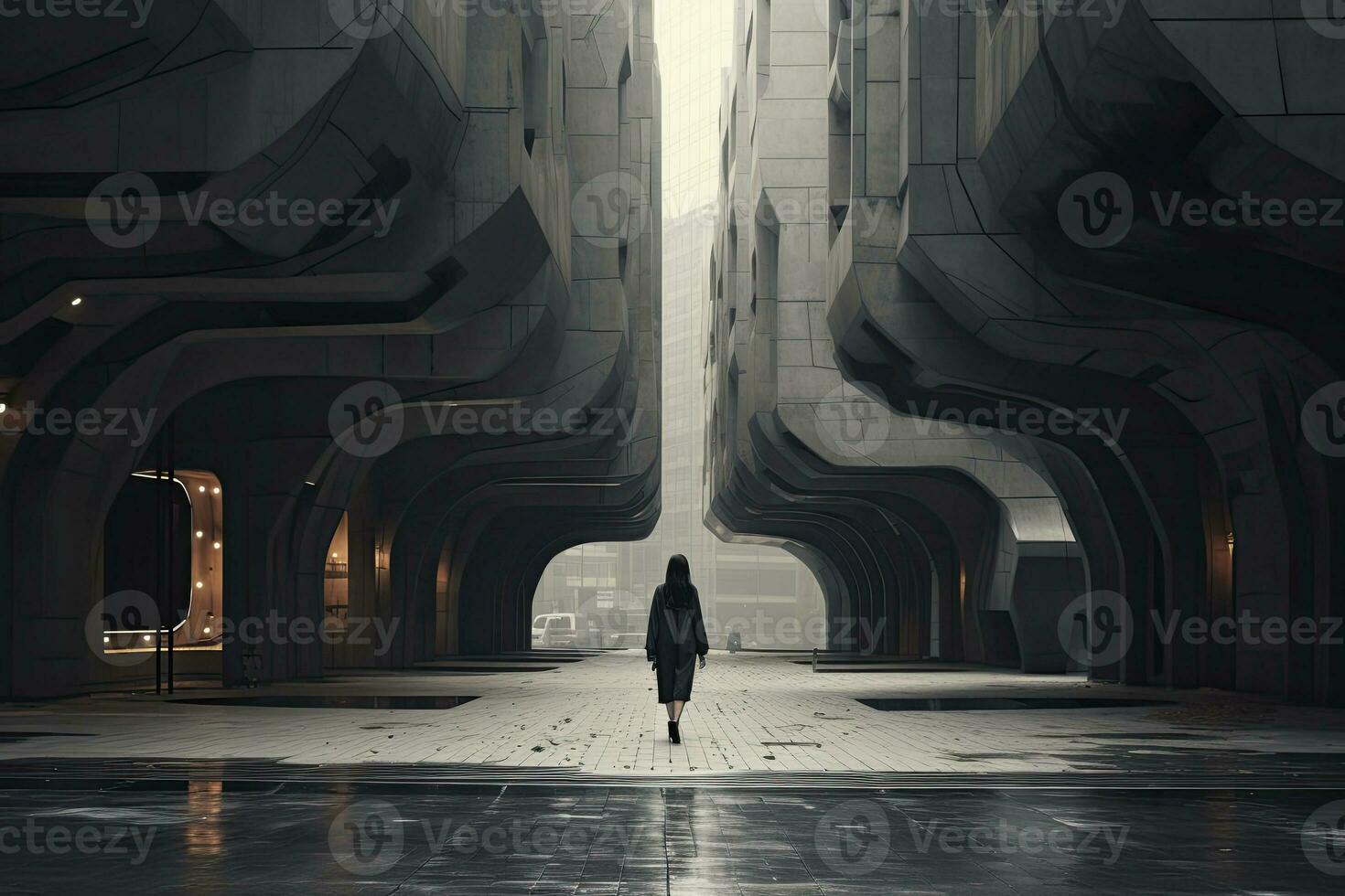 AI generated Woman walking in futuristic brutalist city street.  AI Generated. photo