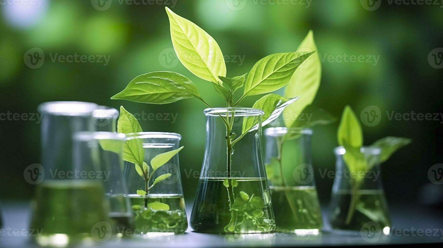 ai generado biotecnología concepto con verde planta hojas, laboratorio cristalería, y conductible investigación, ilustrando el poderoso combinación de naturaleza y Ciencias en médico avances foto