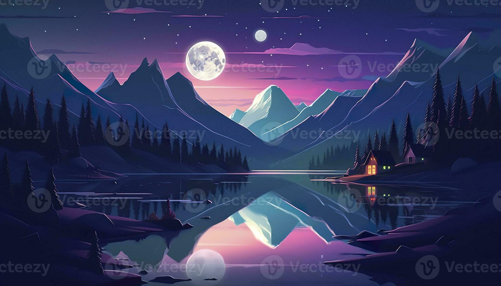 AI generated Moonlight mountain scene, house beside a lake. AI Generative photo