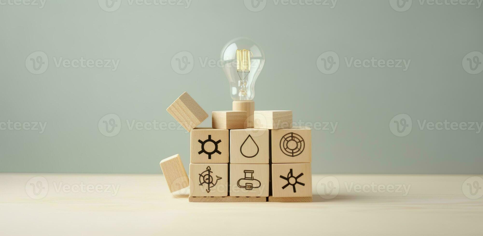 AI generated Creative idea, solution and innovation concept. Idea generation for business development. Wooden cube blocks with light bulb and cycle icons on clean background and copy space. photo