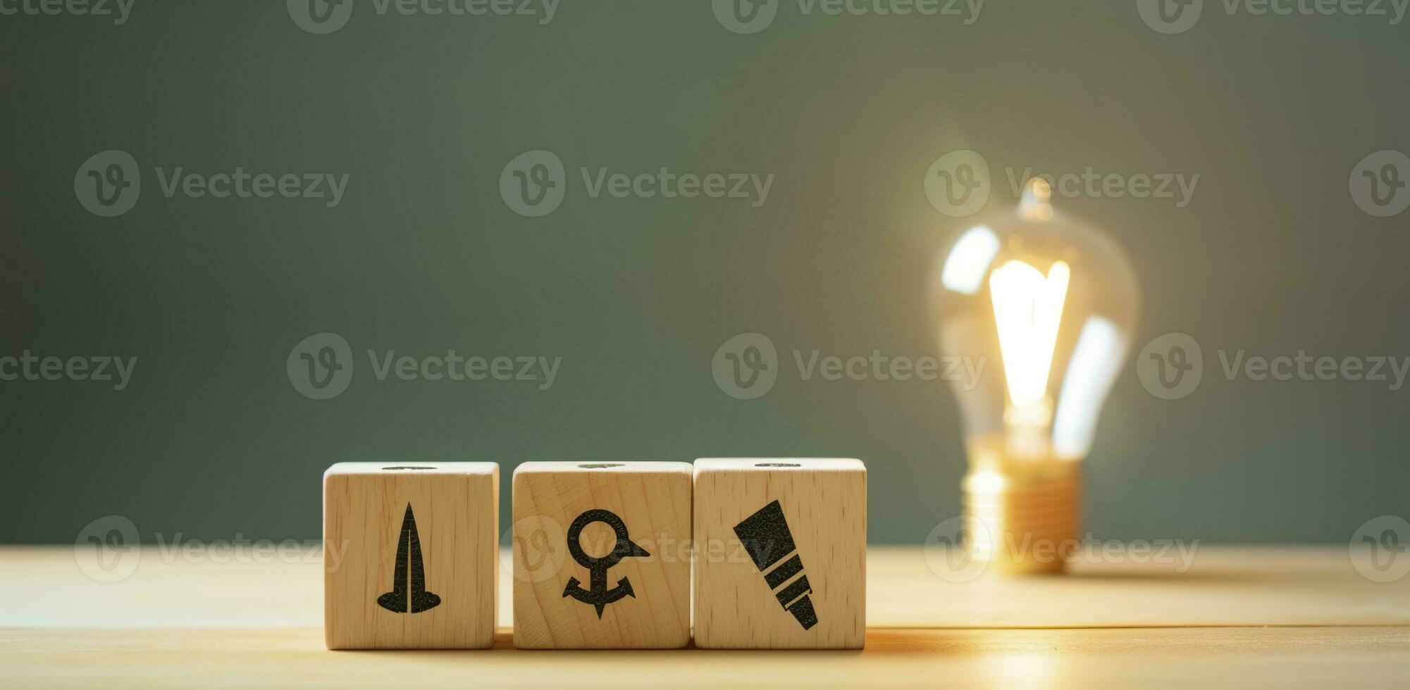 AI generated Creative idea, solution and innovation concept. Idea generation for business development. Wooden cube blocks with light bulb and cycle icons on clean background and copy space. photo