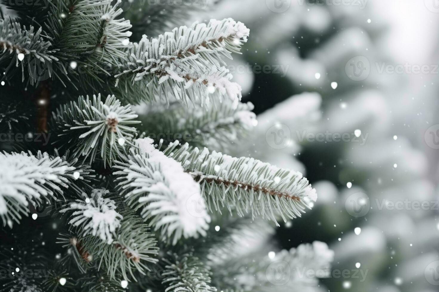 AI generated Snowflakes settling on pine branches under soft winter moonlight photo