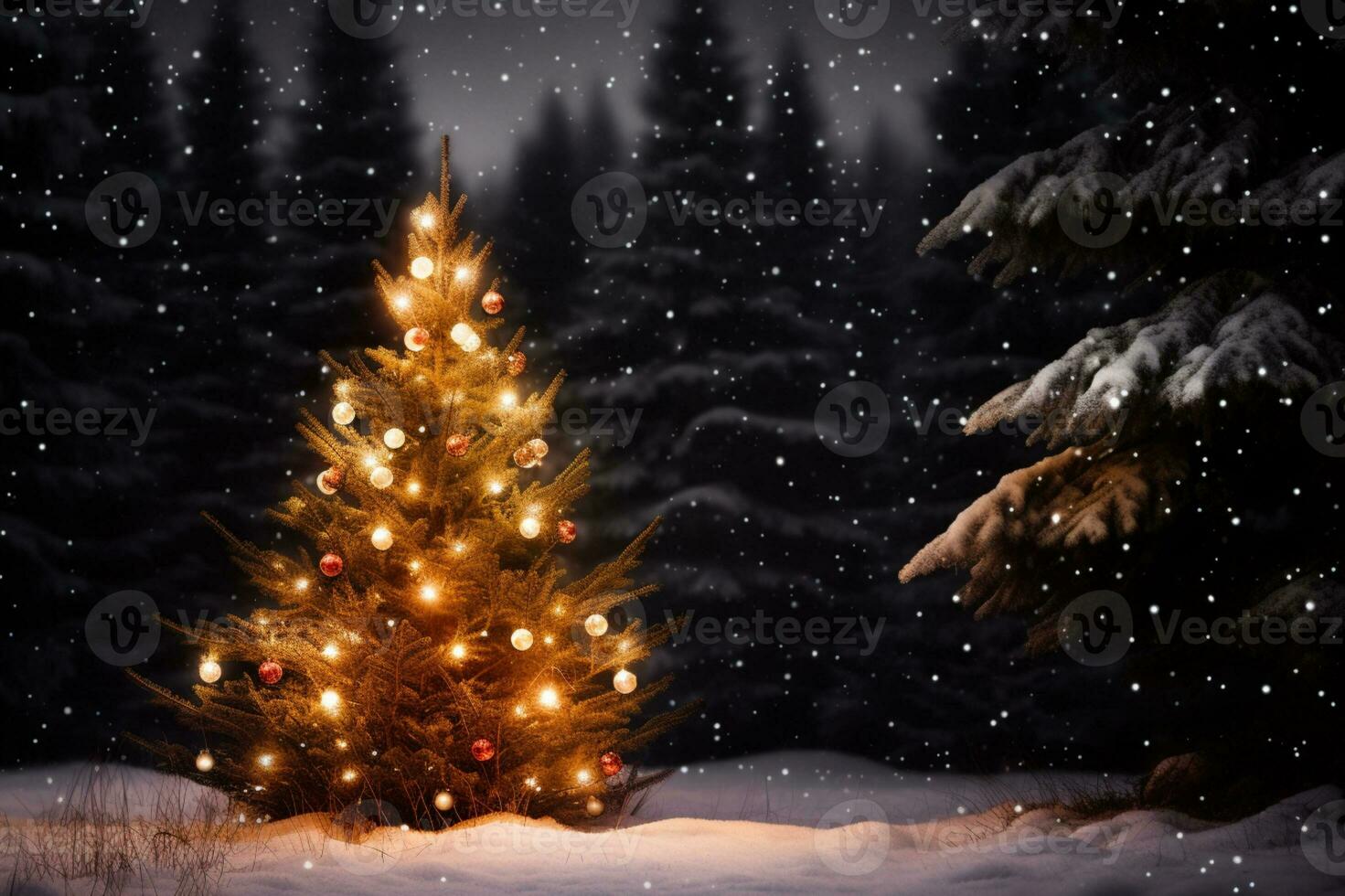AI generated illuminated pine christmas tree snowy forest night photo