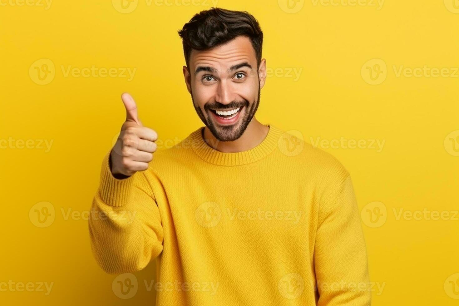 AI generated portrait of happy man showing thumbsup in approval like something or agree standing over yellow photo