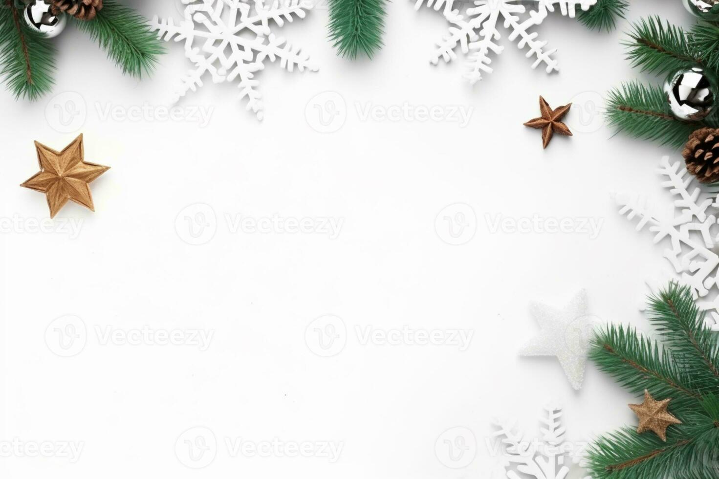 AI generated Christmas composition of fir tree branches with baubles on white background photo