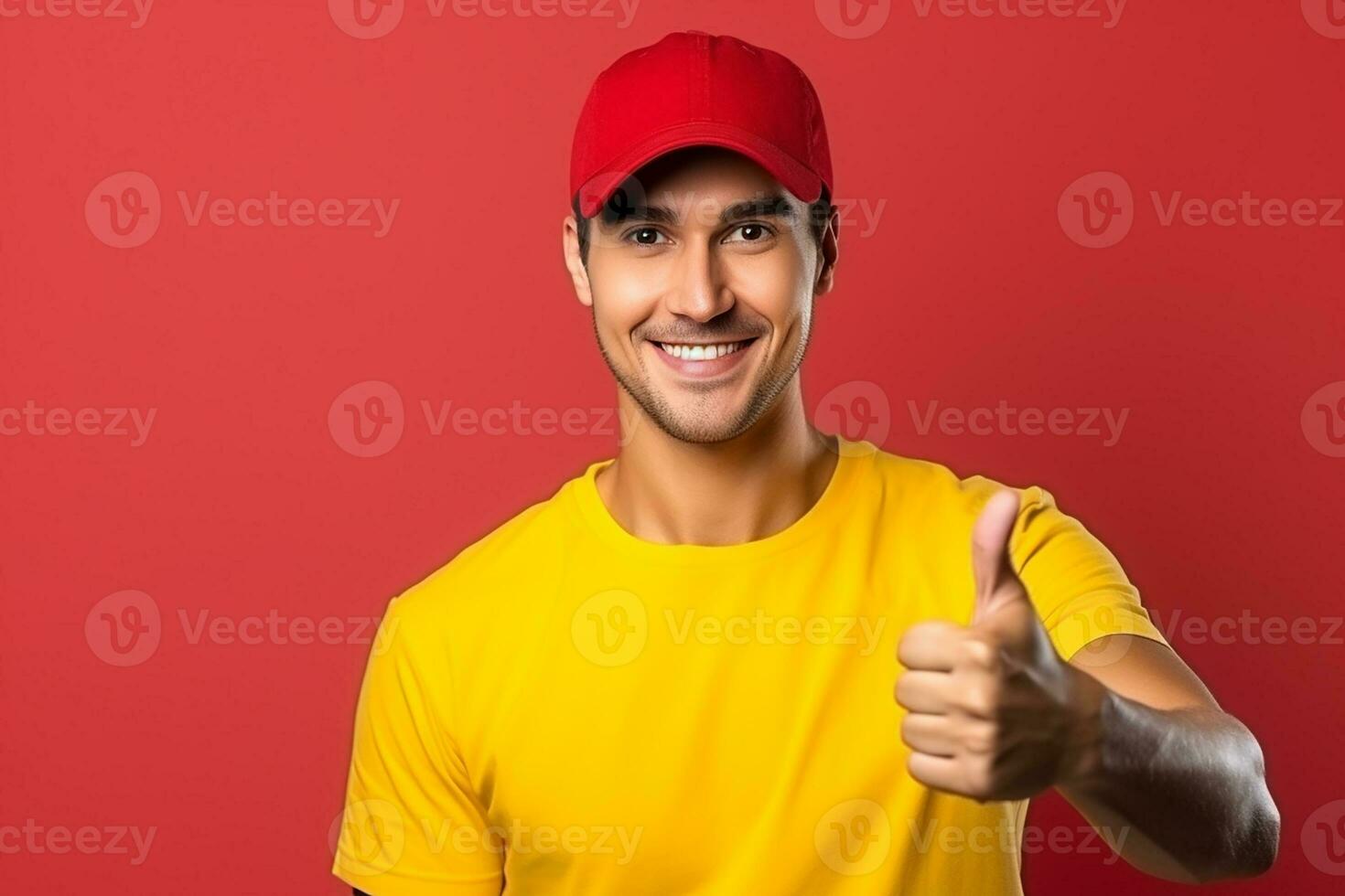 AI generated young handsome delivery man in uniform and cap looking confident smiling friendly doing thumbs up photo