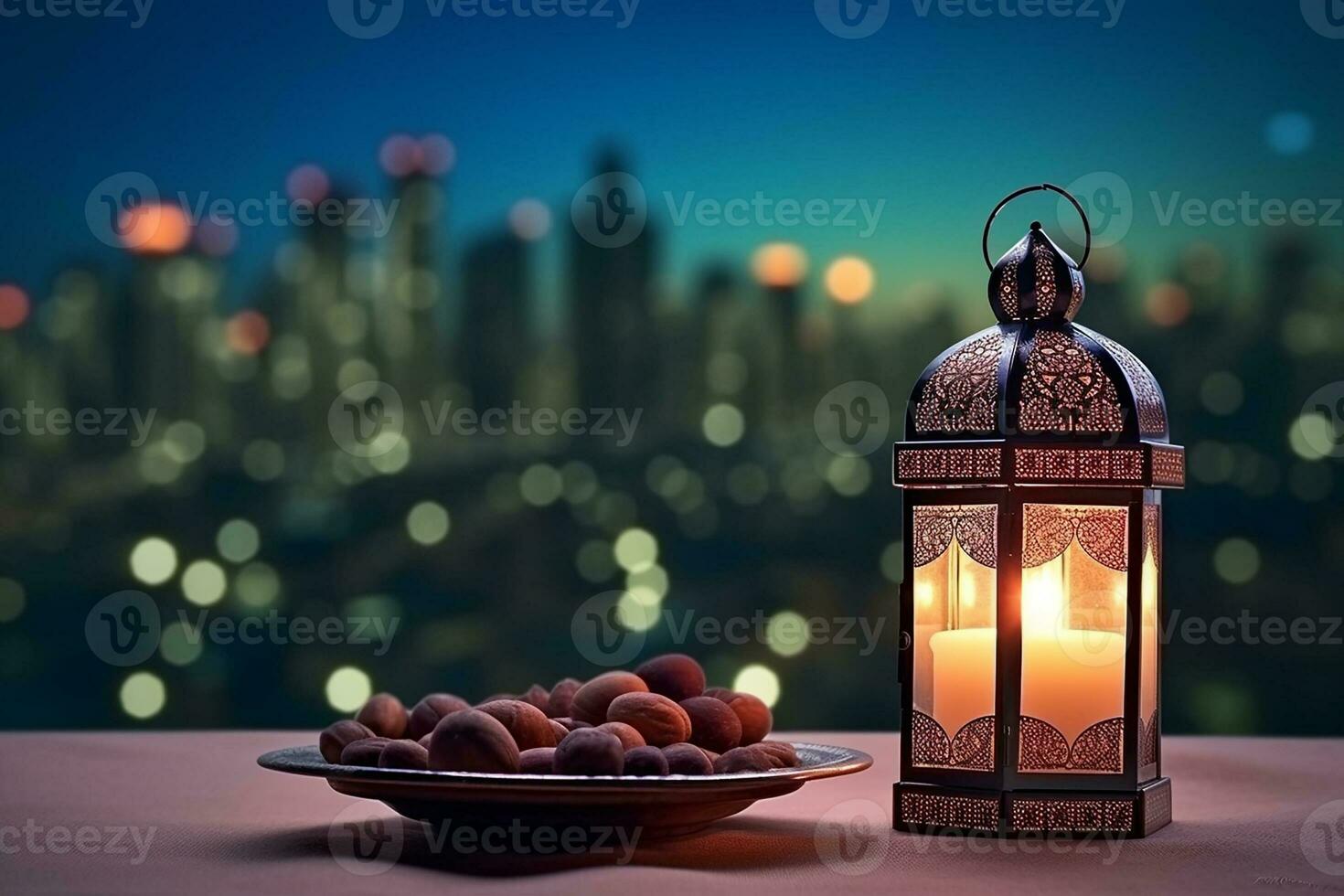 AI generated lantern with dusk sky and city bokeh light background photo