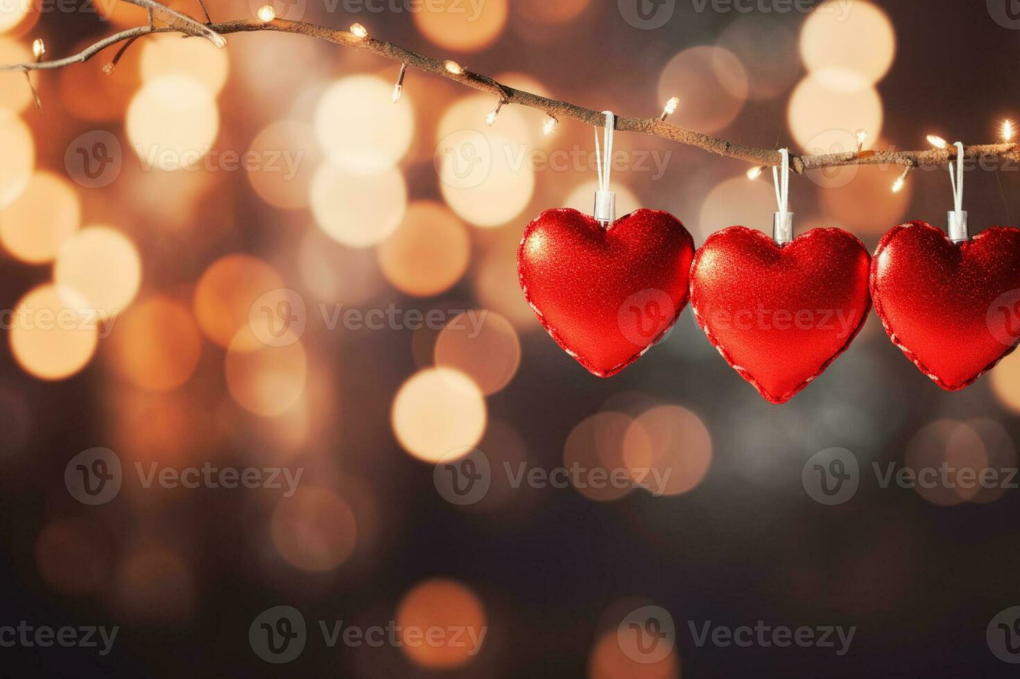 AI generated Valentine day love beautiful hearts hanging on branch of tree photo