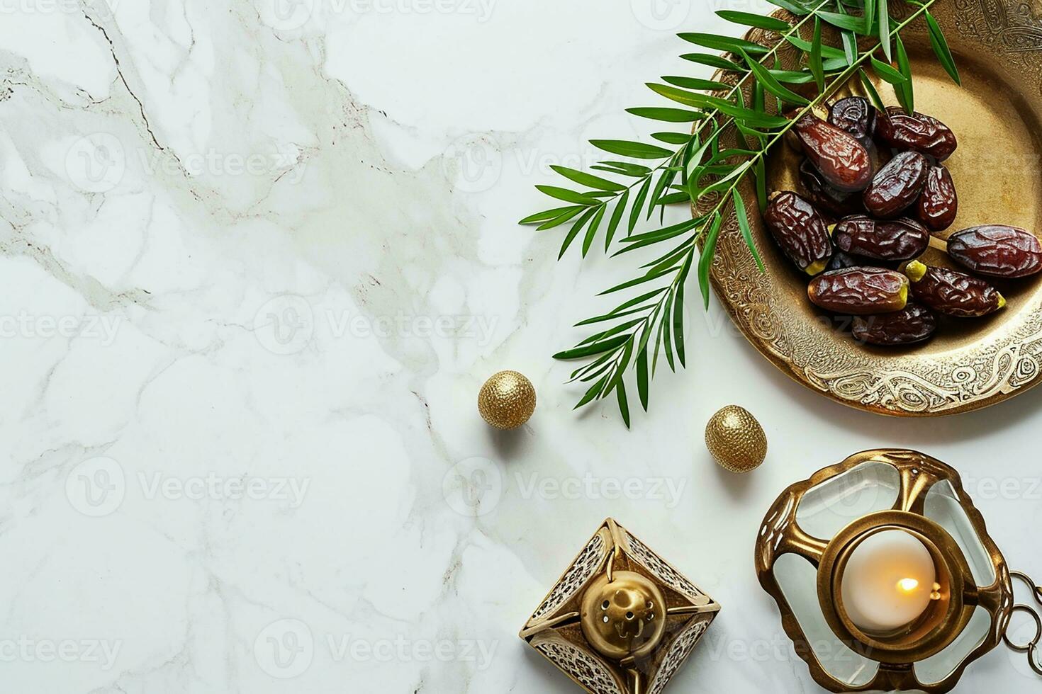 ai generado parte superior ver Ramadán kareem Bosquejo. bronce plato con fechas fruta, aceituna sucursales, brillante blanco mármol mesa. foto