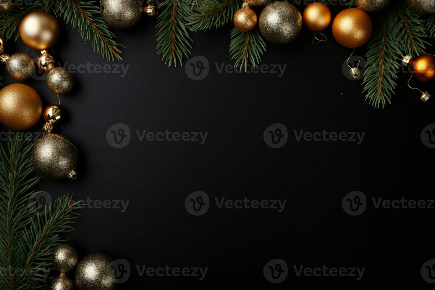 AI generated Christmas composition of branches with baubles and gifts with copy space photo