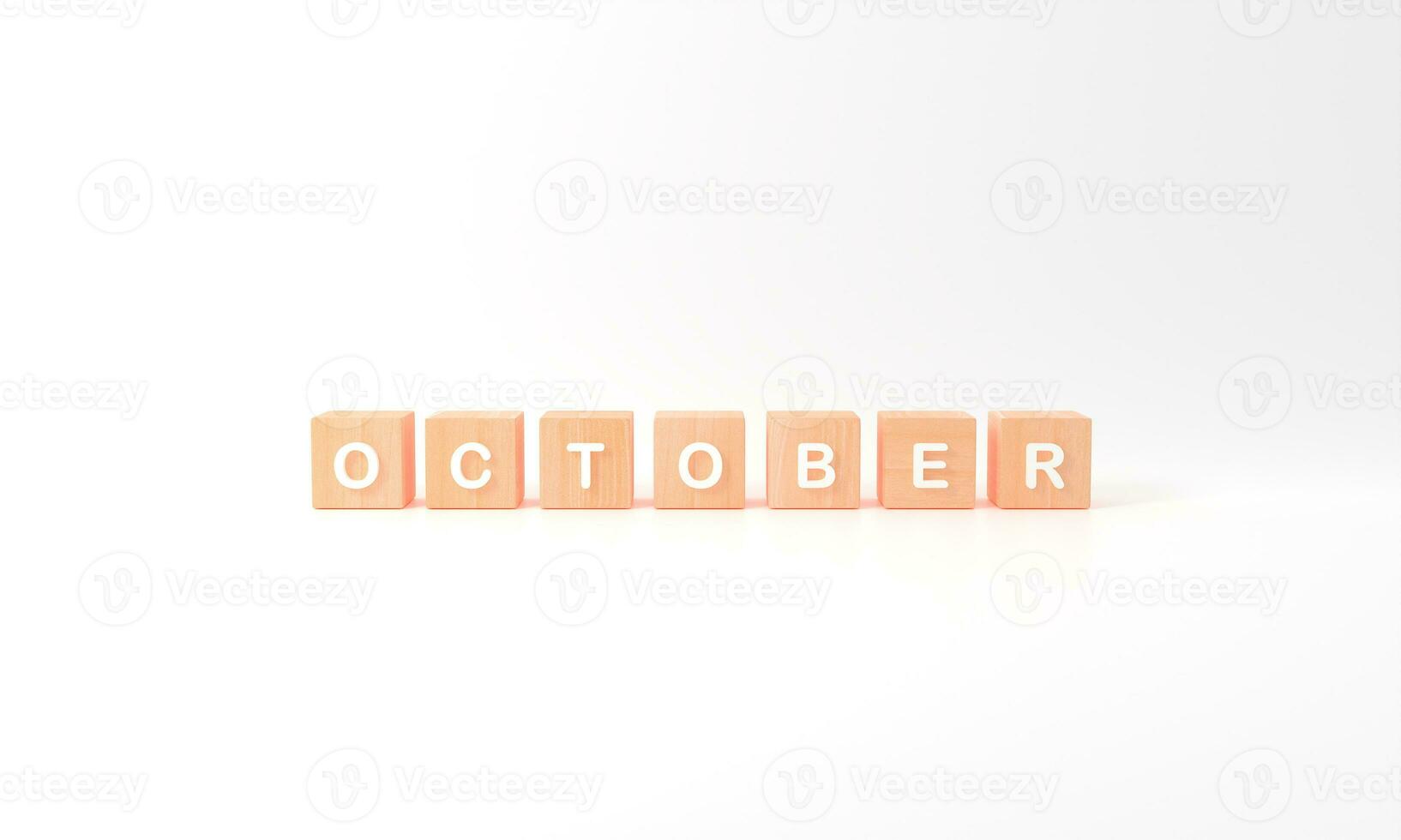 Minimal white word October wooden cubes on white background. Winter season. 3d rendering photo