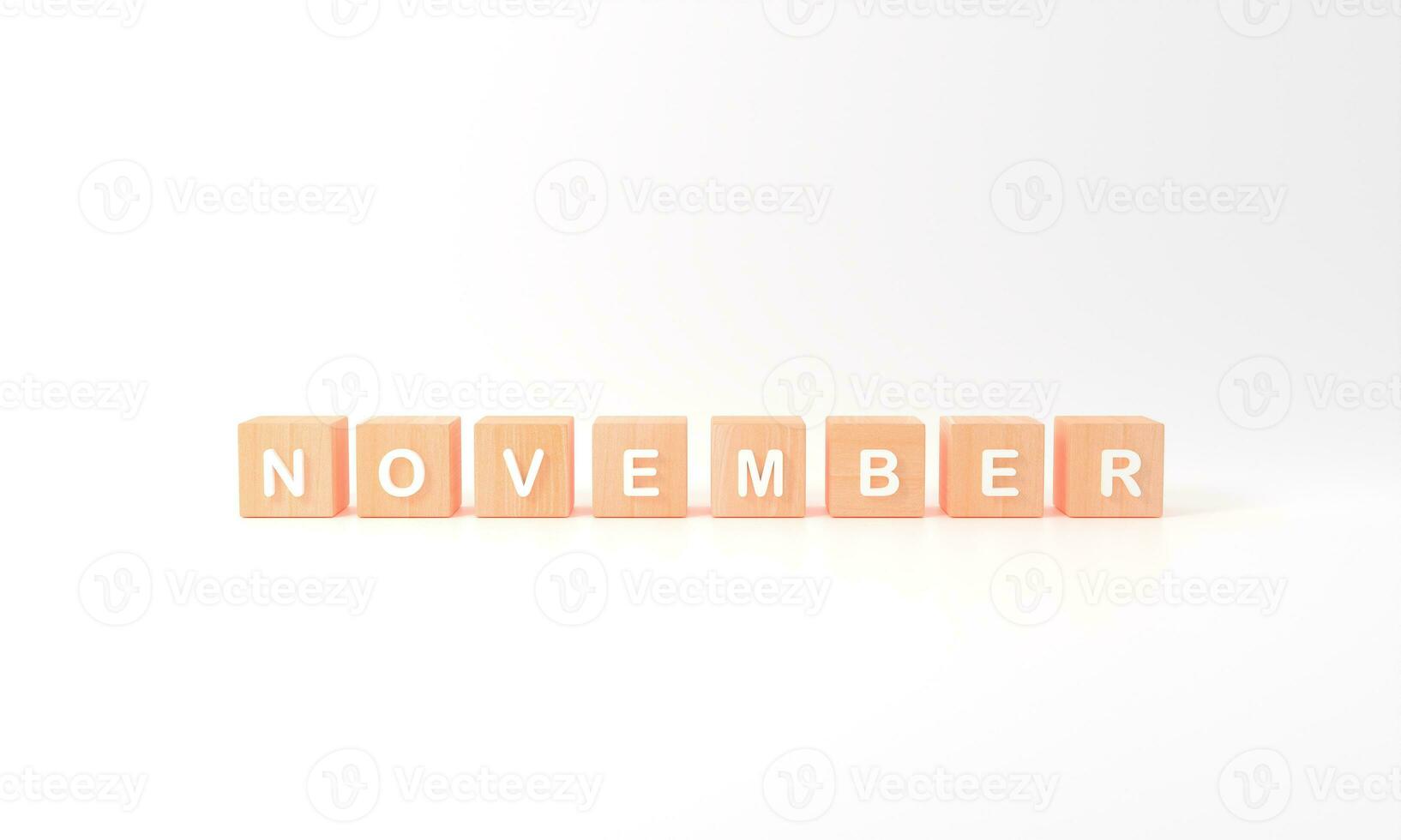 Minimal white word November wooden cubes on white background. Winter season. 3d rendering photo