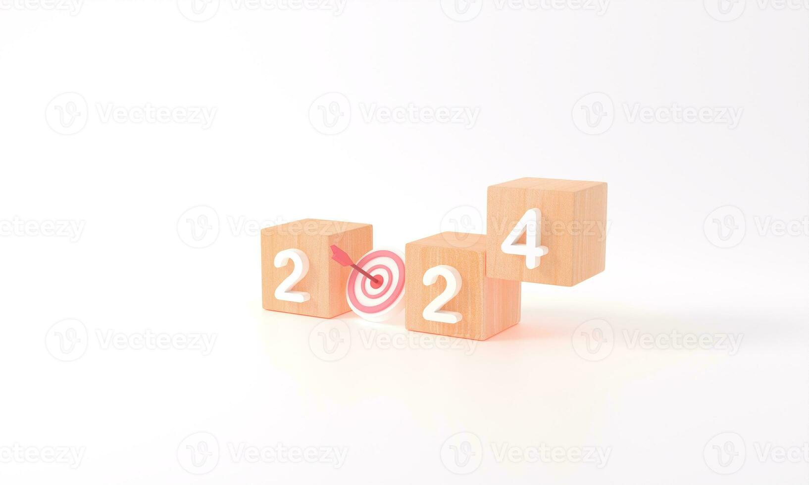 3D rendering of Business target goals in 2024 concept. Happy new year wooden cubes 2024 with white background. copy space starting business plan. illustration minimal simple target calendar year photo