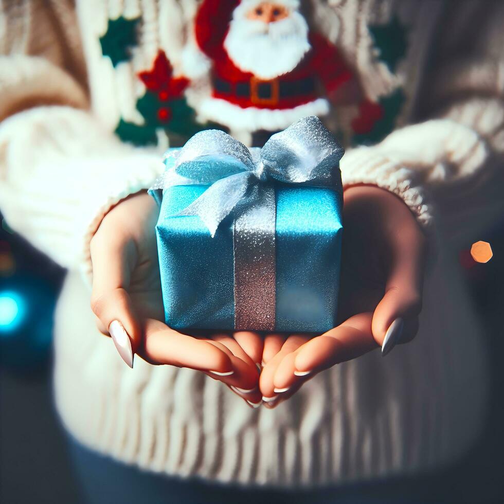 AI generated A woman with a blue Christmas gift wrapped photo