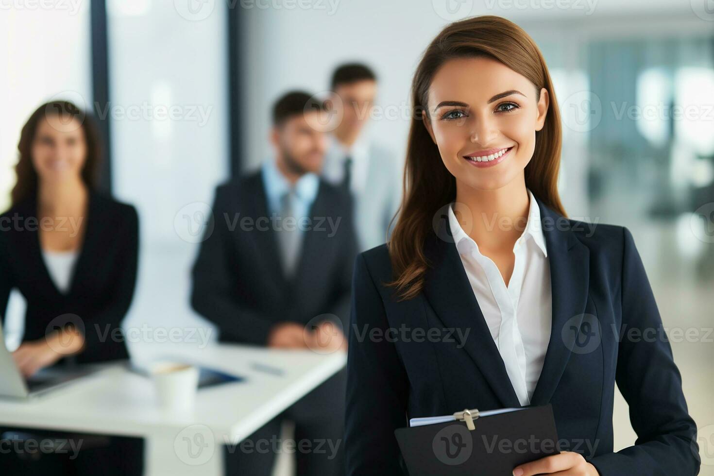AI generated Portrait of Happy businesswoman holding docs in modern office generative AI photo