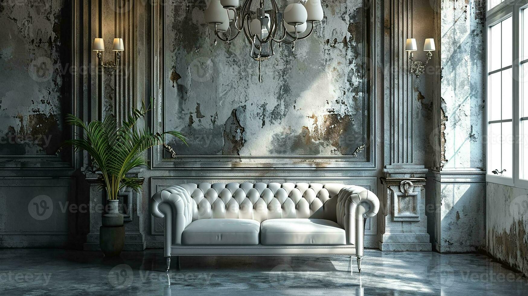 AI generated Vintage living room interior design with sofa minimal aesthetic 3d rendered photo