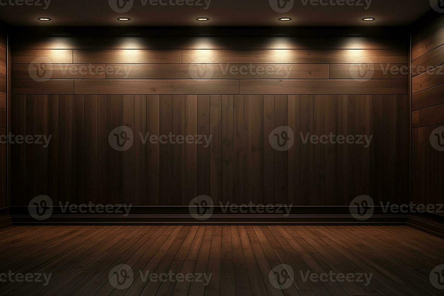 AI generated 3d rendered empty wooden room with lights and copy space photo