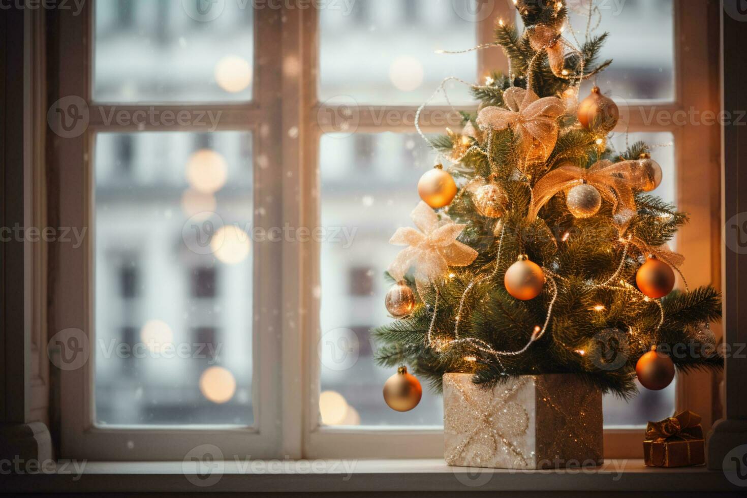 AI generated decorated Christmas tree besides window photo