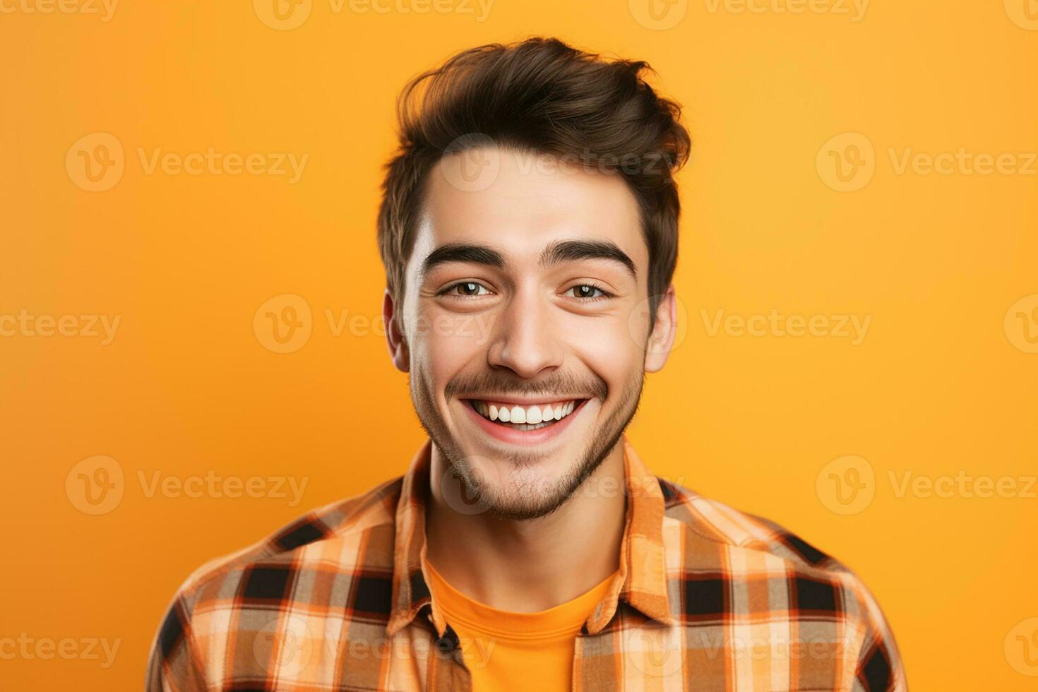 ai generado hermoso barbado posando en contra vistiendo cheque naranja camisa en naranja antecedentes foto
