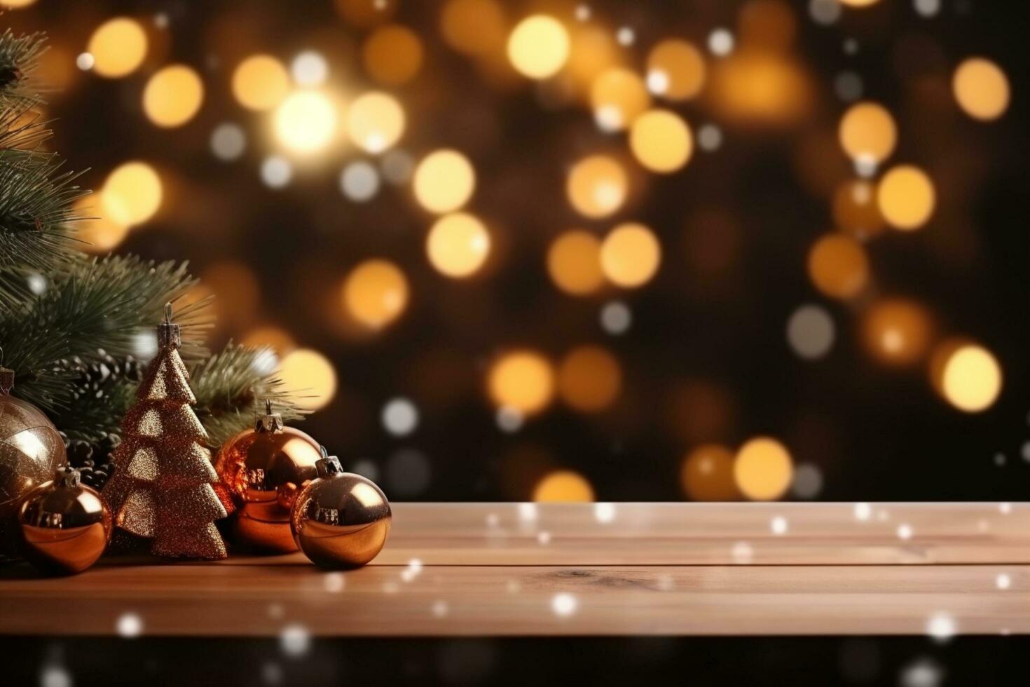 AI generated Christmas wooden table mockup with gifts, lights and bokeh background. banner with creative decoration and copy space. photo