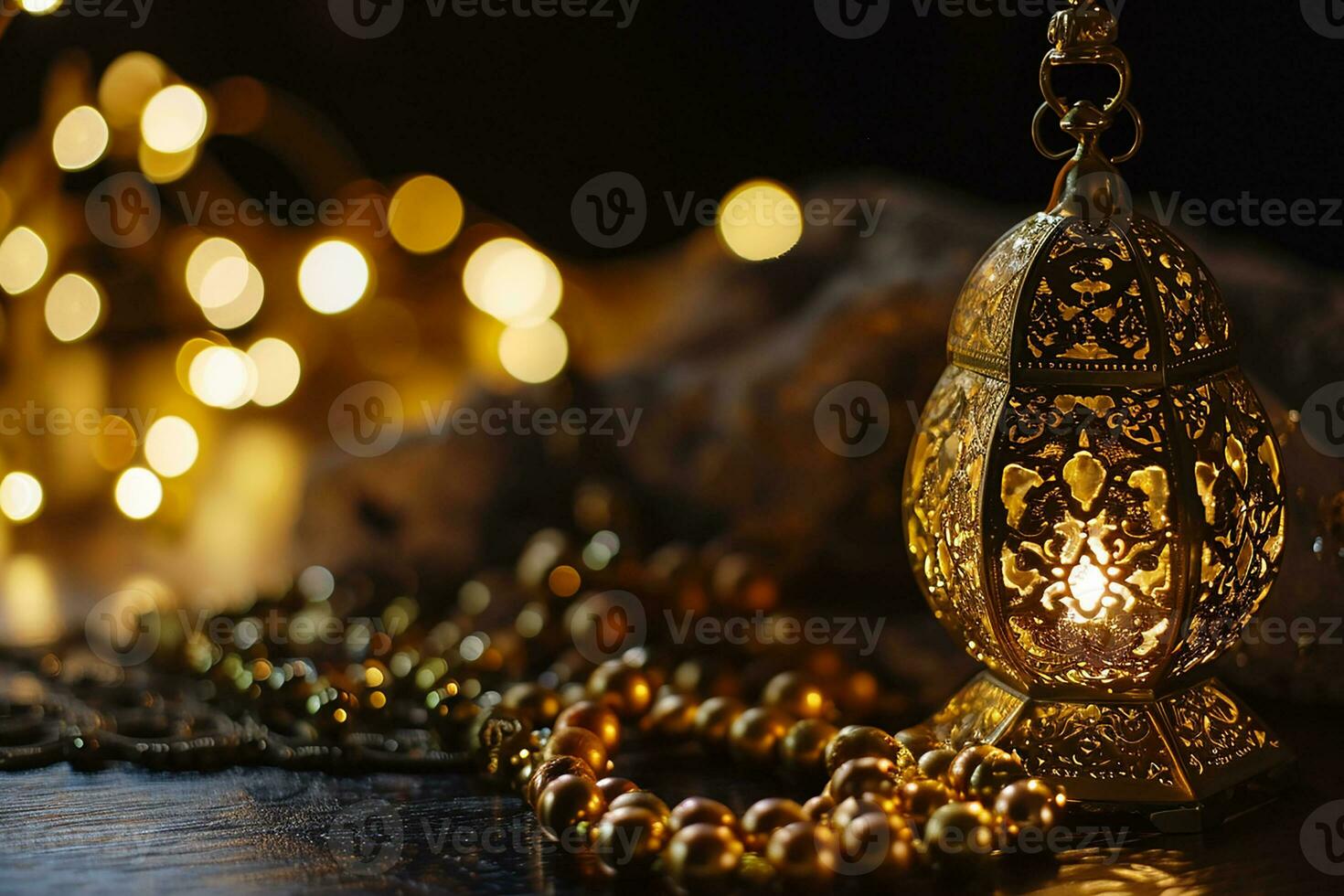 AI generated Ornamental Arabic lantern with burning candle glowing at night invitation for Muslim holy month Ramadan Kareem photo
