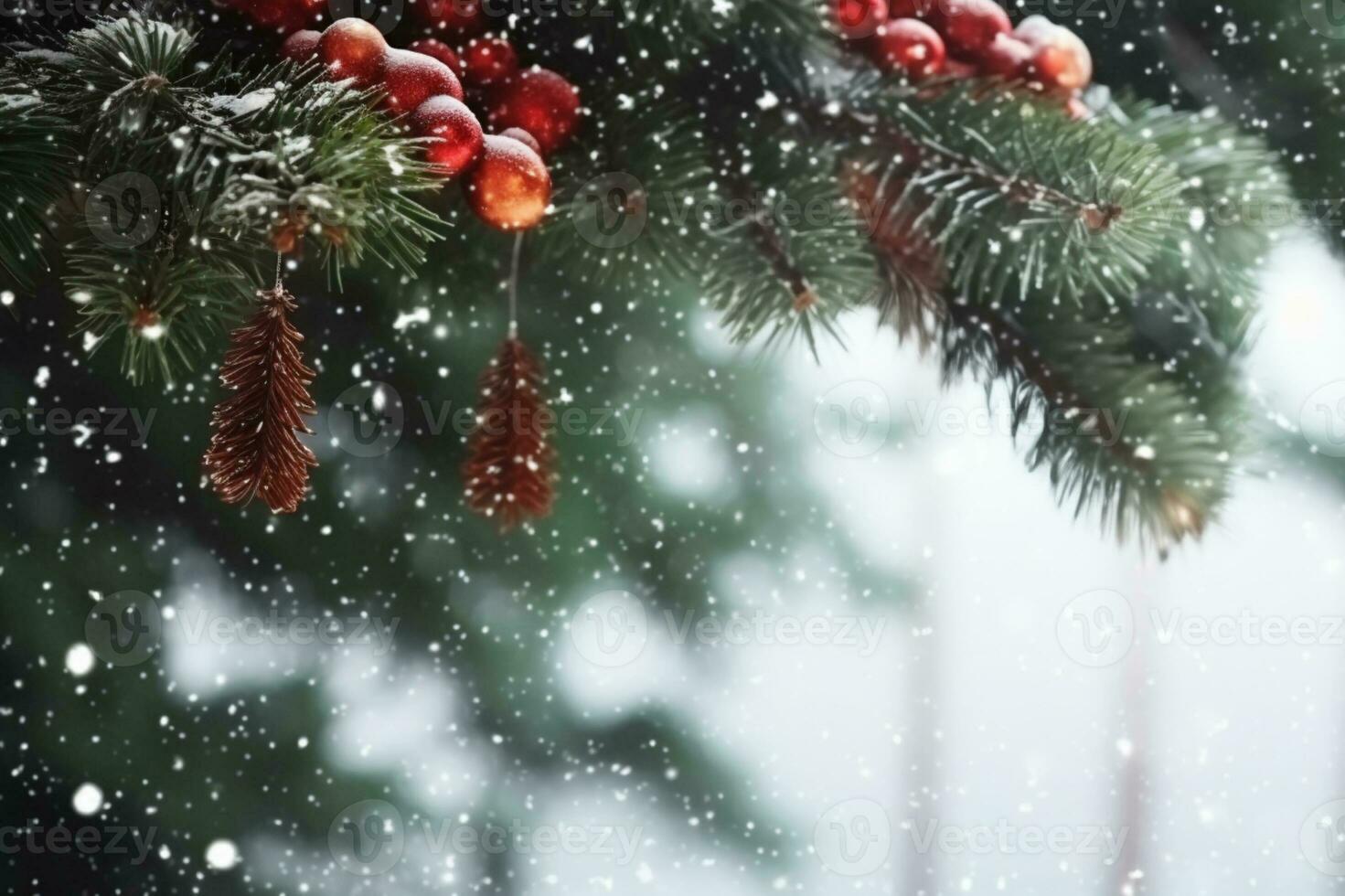 AI generated Snowflakes settling on pine branches under soft winter moonlight photo