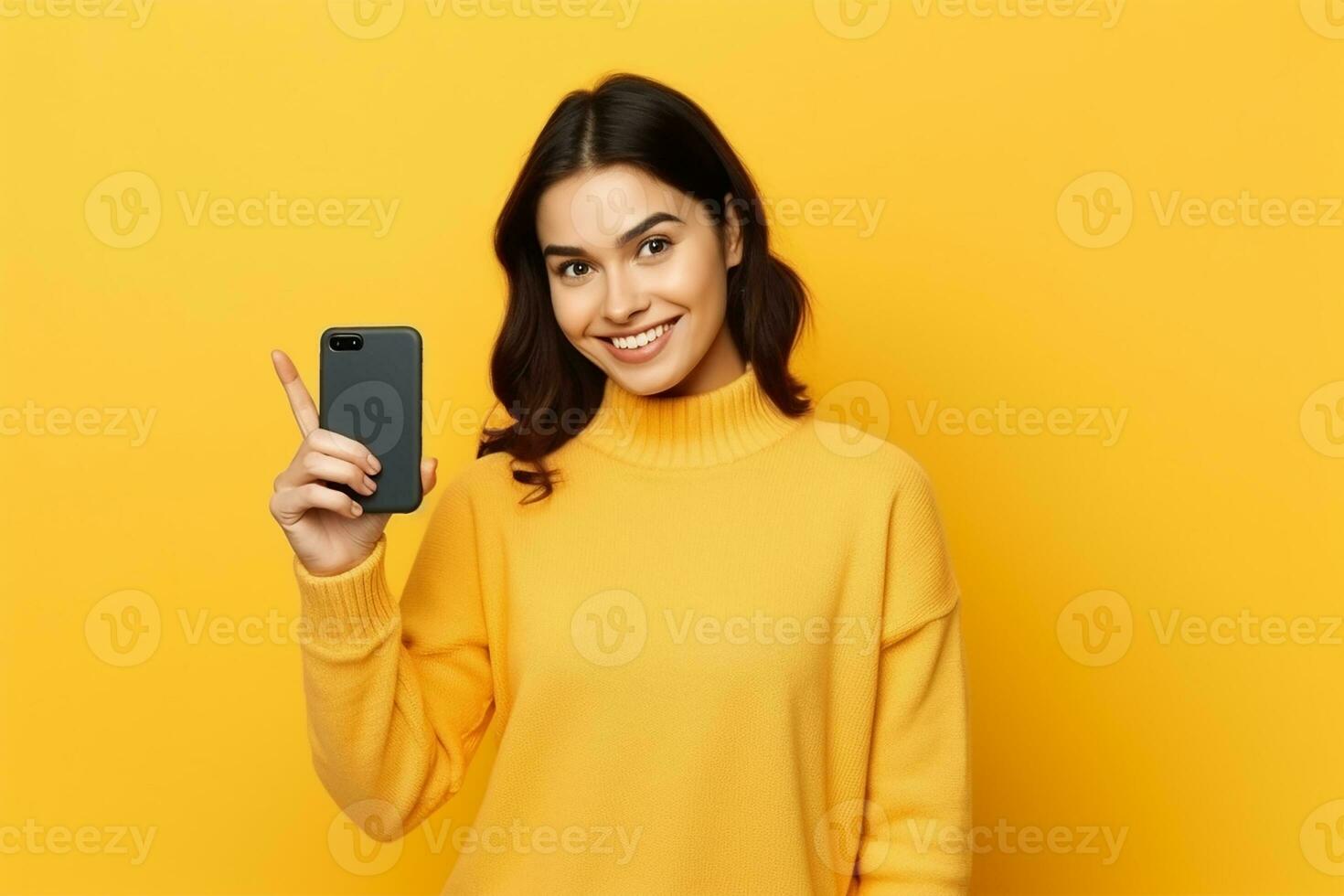 AI generated Portrait of a happy young woman pointing gesture on isolated yellow background generative AI photo