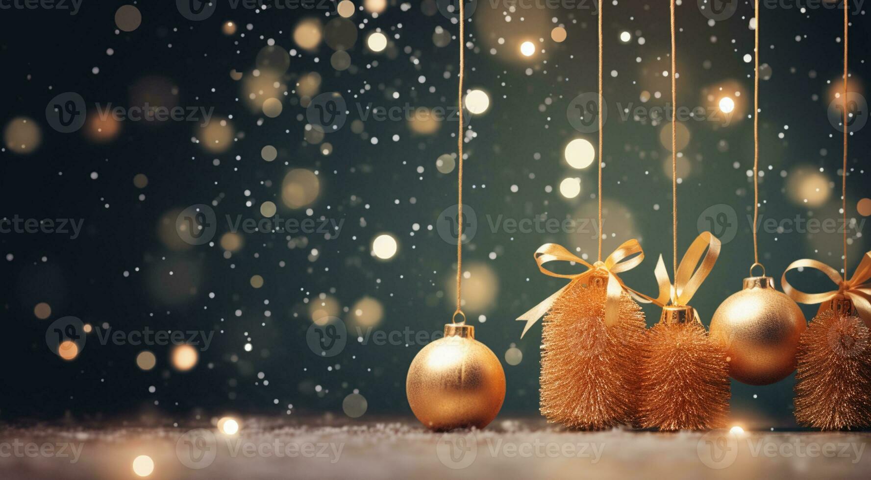 AI generated Christmas decorations hanging from strings. Perfect for holiday greeting cards, festive social media posts, and cheerful website banners. Add a touch of holiday spirit to your designs photo