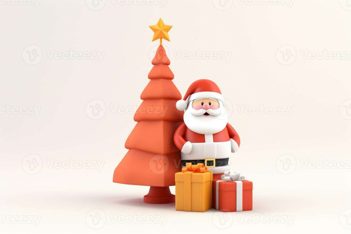 AI generated 3d rendered minimal santa clause with christmas tree and gifts on pastel background photo