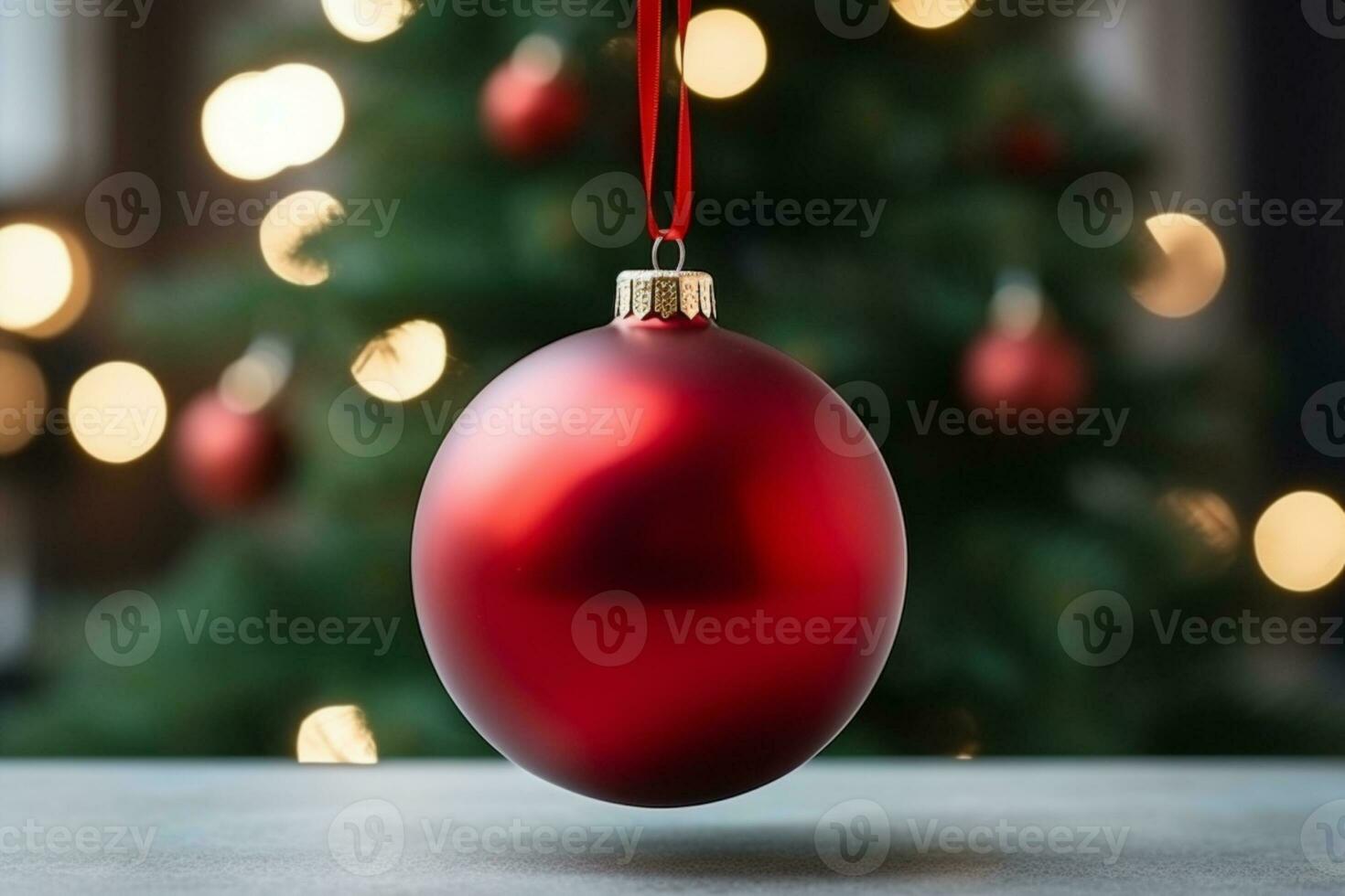 AI generated a close up of a christmas tree with baubles hanging from it's branches and a blurry background photo